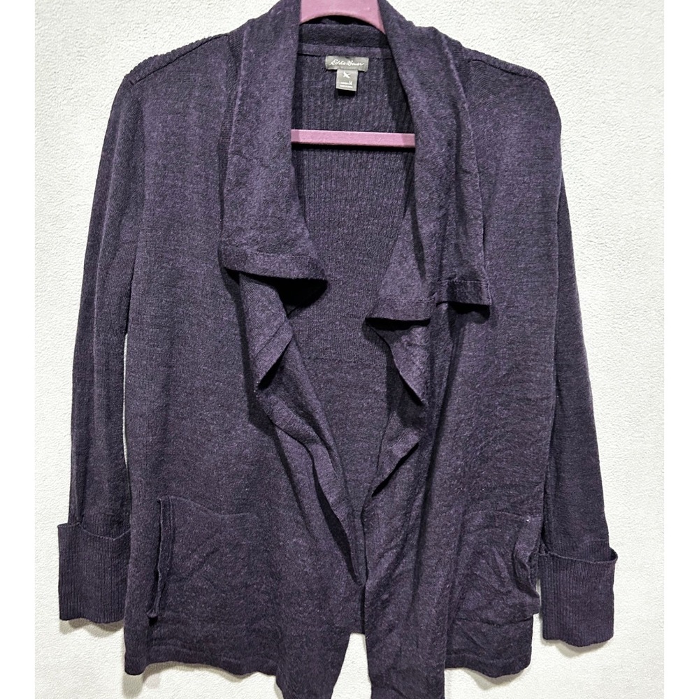 Eddie Bauer‎ Merino Wool Cardigan Womens Medium Purple Open Front Drape Sweater